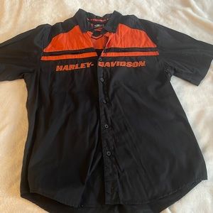 Black and orange H-D button up, mechanics shirt, short sleeve, size L